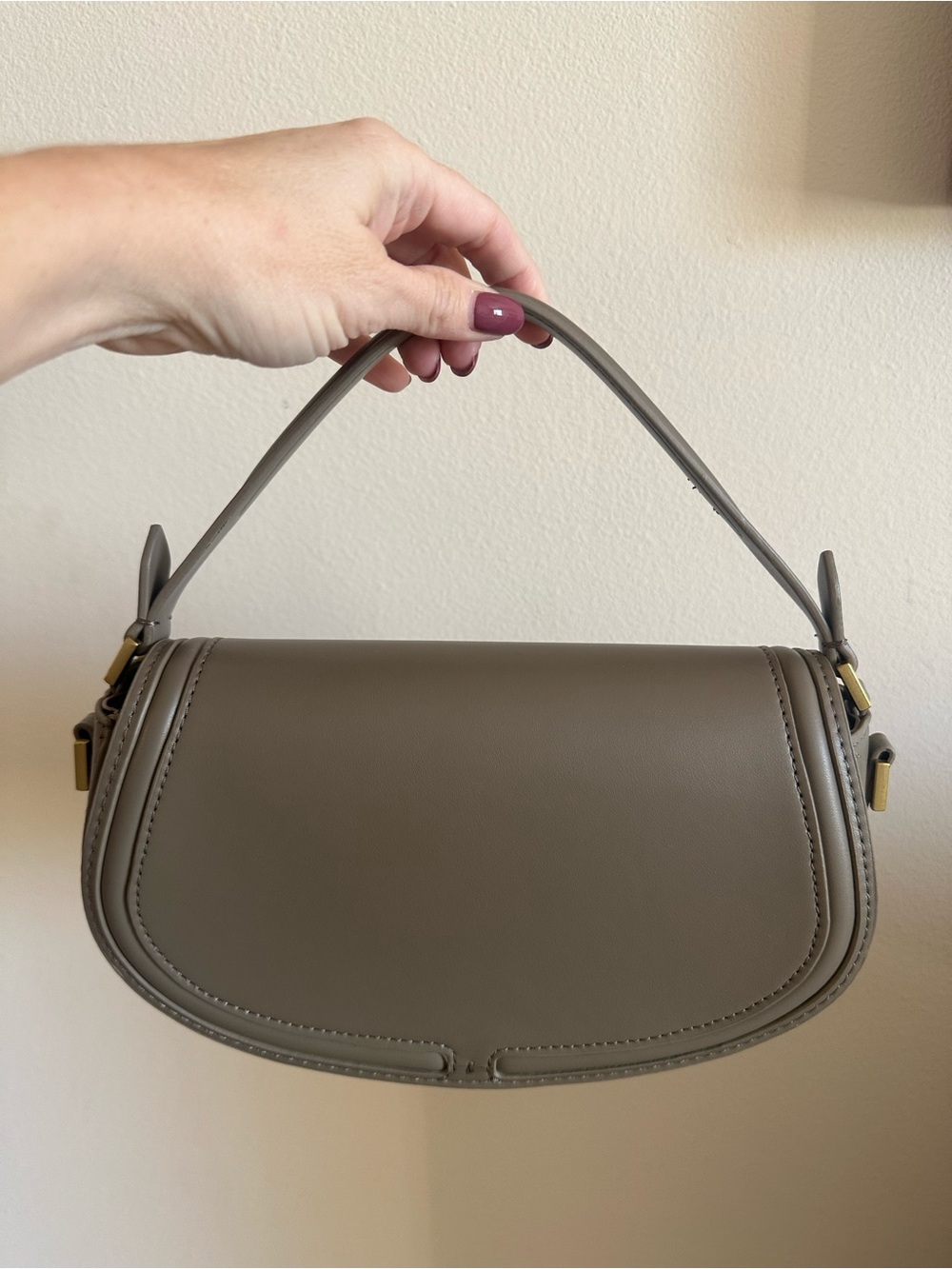 Zara Olive Taupe Crescent Shoulder Bag with Gold Accents